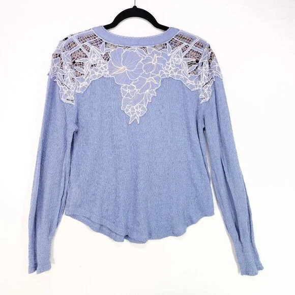 Free People Top Easy Breezy Lace Large Floral Applique Henley Long Sleeve Knit - Picture 3 of 14